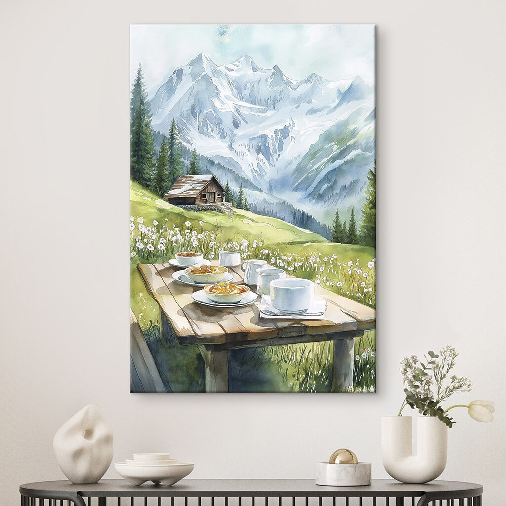 Table with plates of food and cups on it with mountains in the background