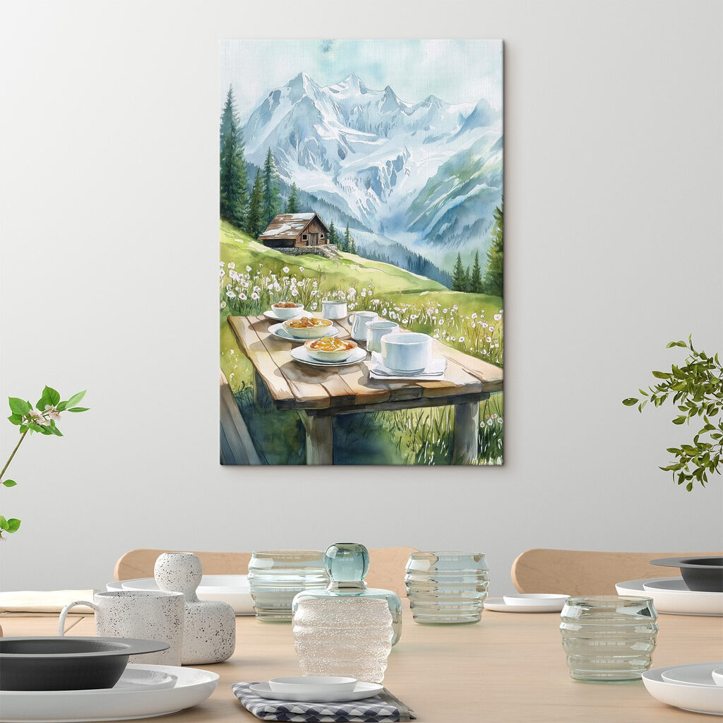 Table with plates of food and cups on it with mountains in the background