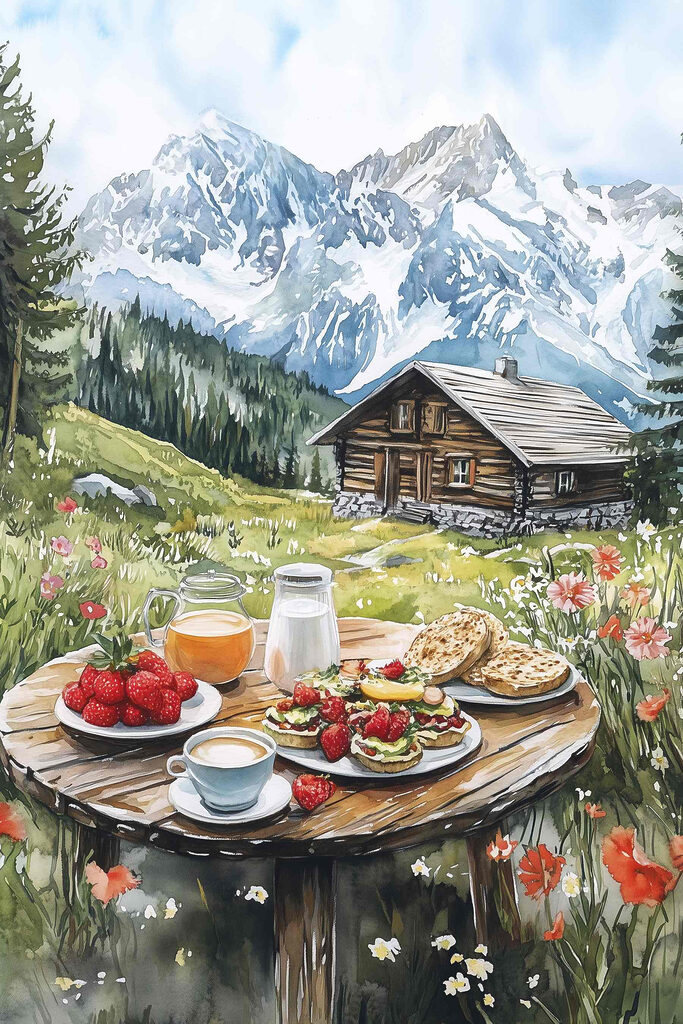 Table with food and drinks on it in front of a mountain