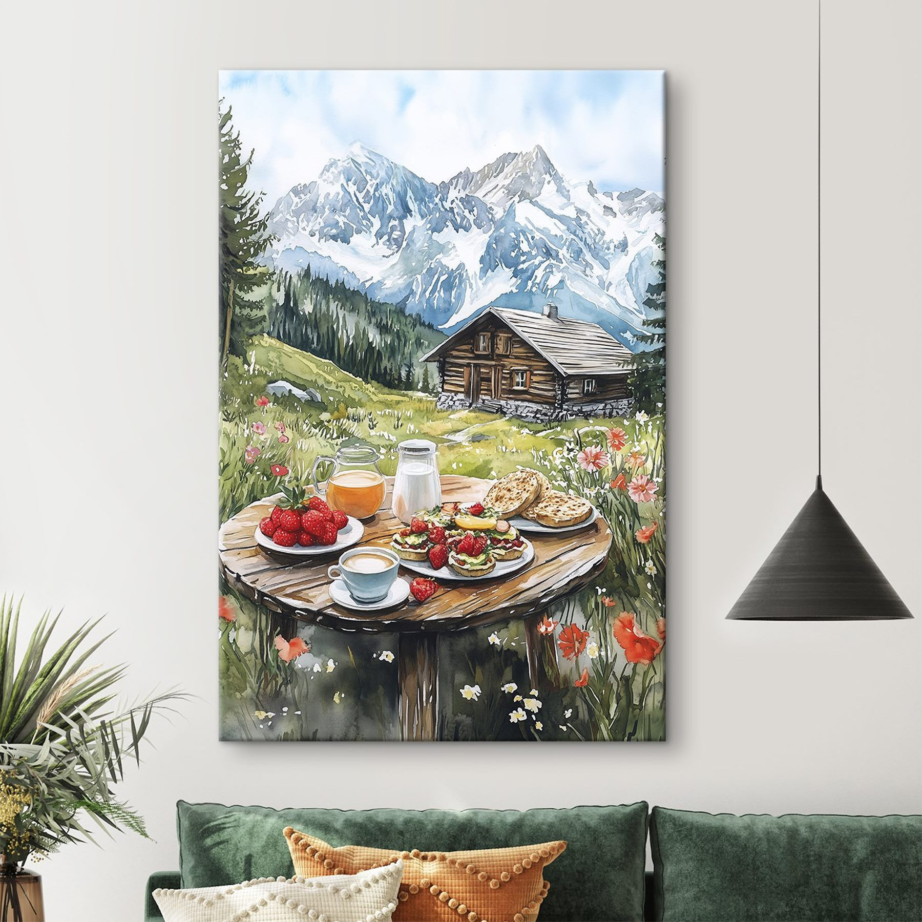 Table with food and drinks on it in front of a mountain