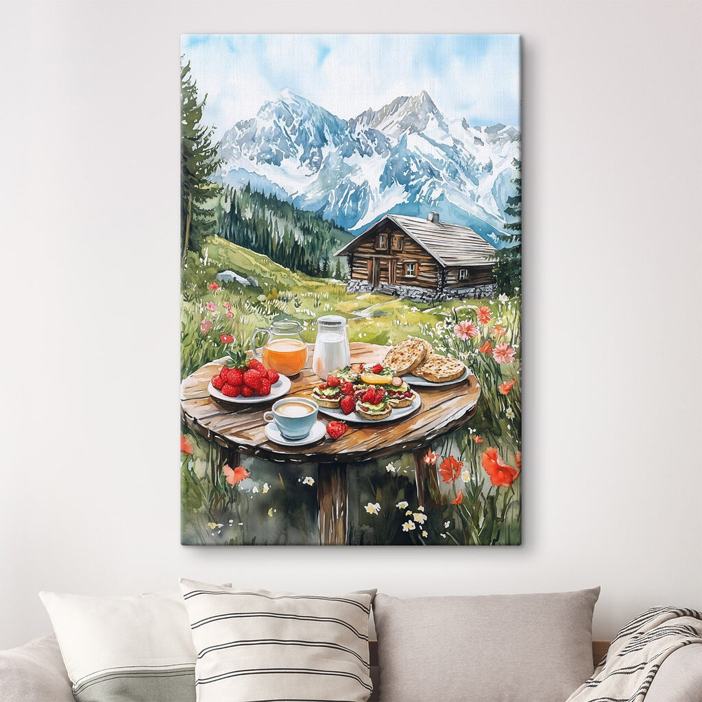 Table with food and drinks on it in front of a mountain