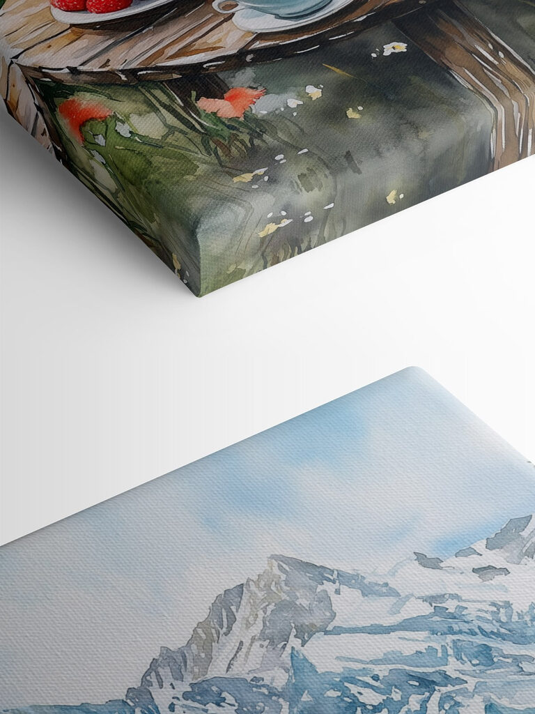 Table with food and drinks on it in front of a mountain