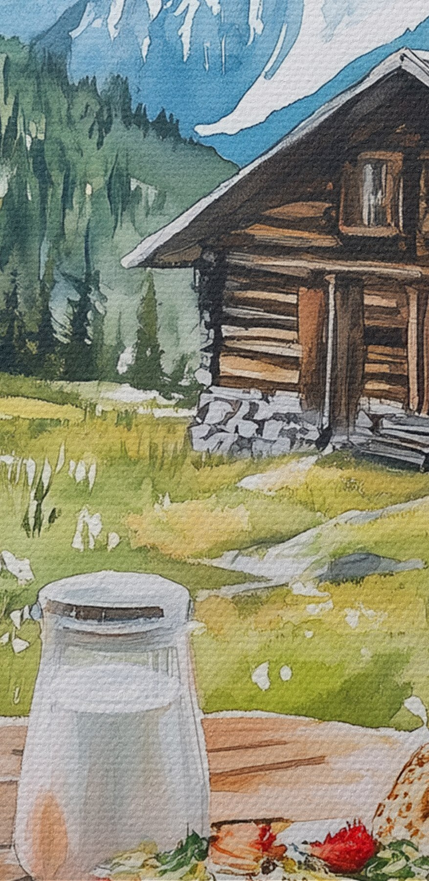 Asztal ételekkel és italokkal egy hegy előtt