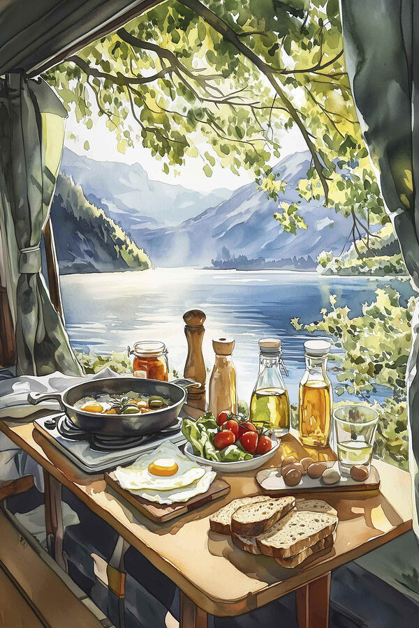 Table with food and drinks on it by a lake Table with food and drinks on it by a lake