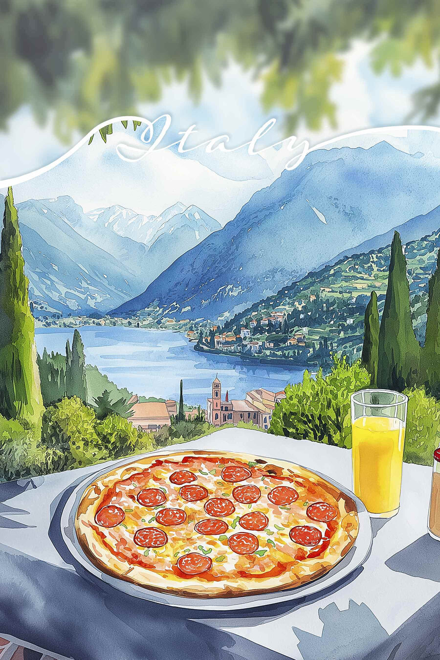 Pizza és gyümölcslé egy asztalon hegyekkel és fákkal