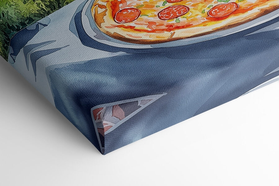 Pizza és gyümölcslé egy asztalon hegyekkel és fákkal