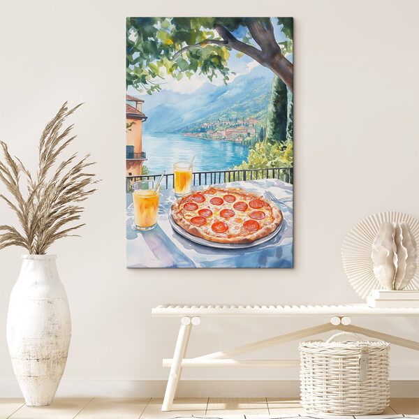 Akvarell festmény egy pizza és italok egy asztalon Akvarell festmény egy pizza és italok egy asztalon
