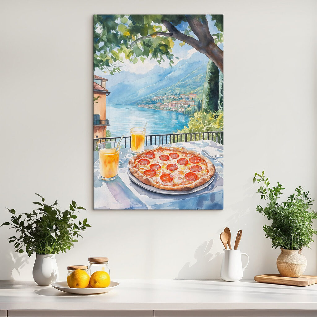 Watercolor painting of a pizza and drinks on a table