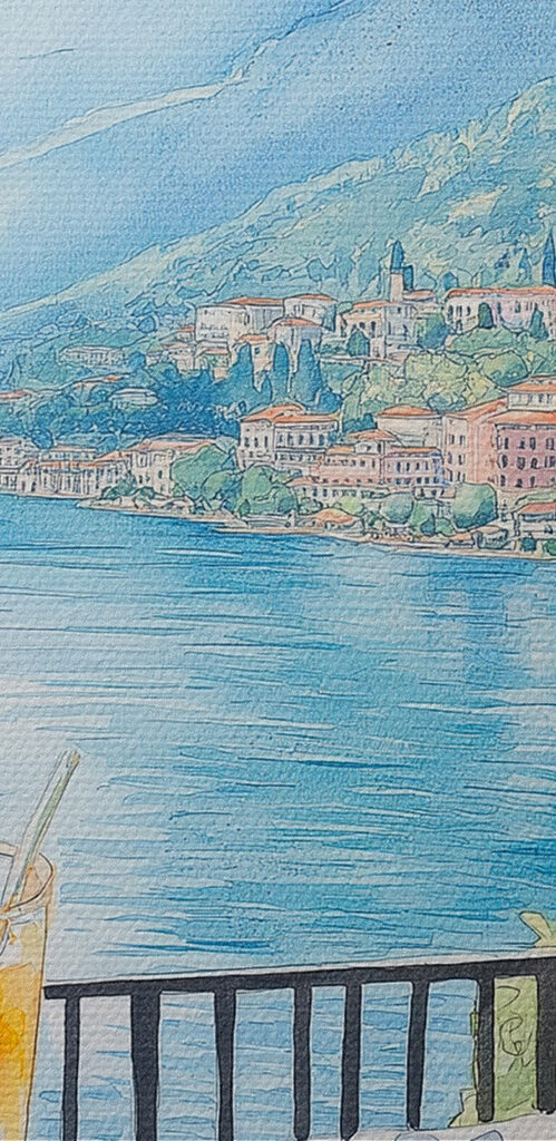 Watercolor painting of a pizza and drinks on a table