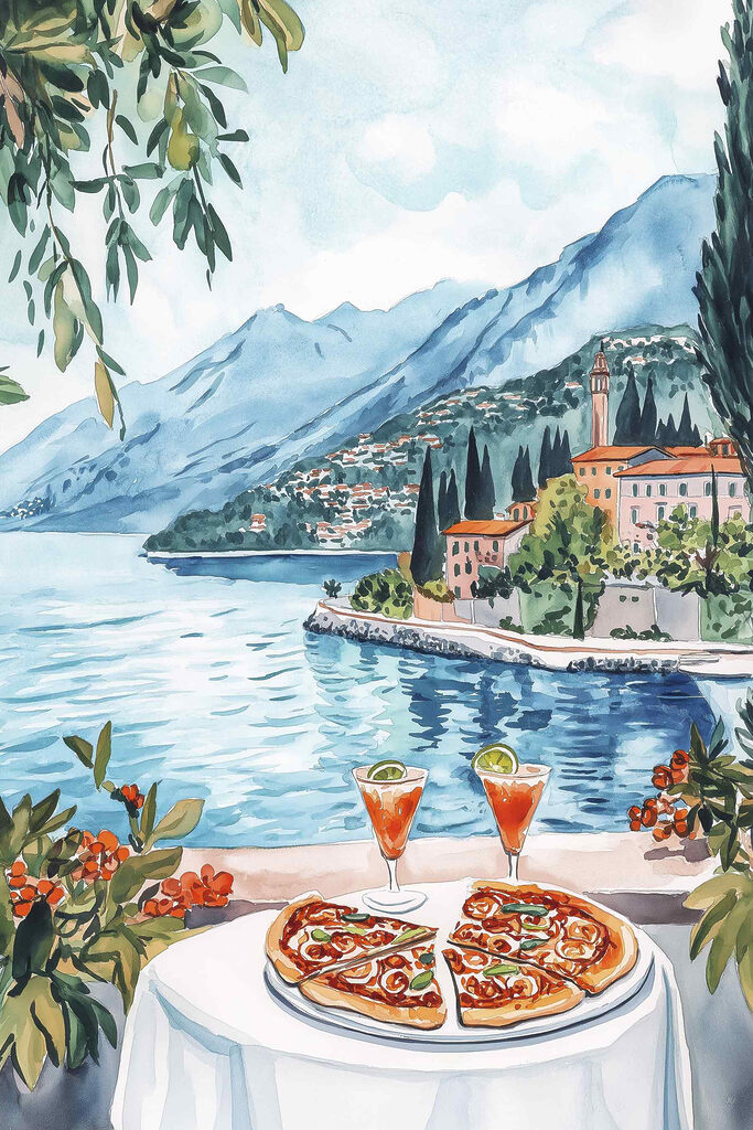 Watercolor painting of a table with food and a lake in the background Watercolor painting of a table with food and a lake in the background