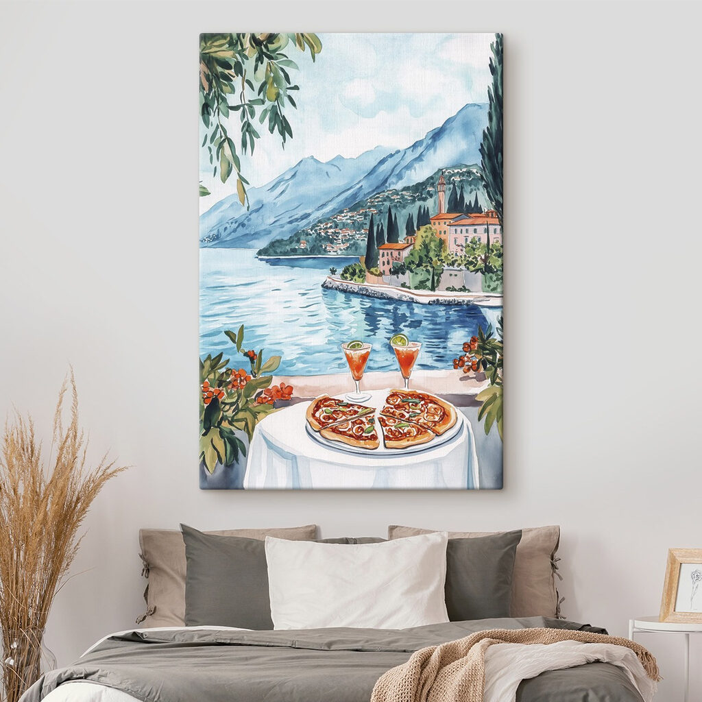 Watercolor painting of a table with food and a lake in the background Watercolor painting of a table with food and a lake in the background
