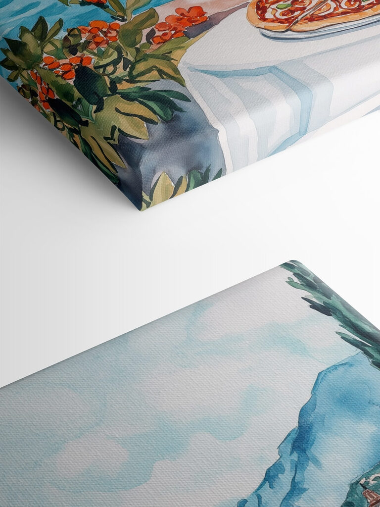 Watercolor painting of a table with food and a lake in the background Watercolor painting of a table with food and a lake in the background