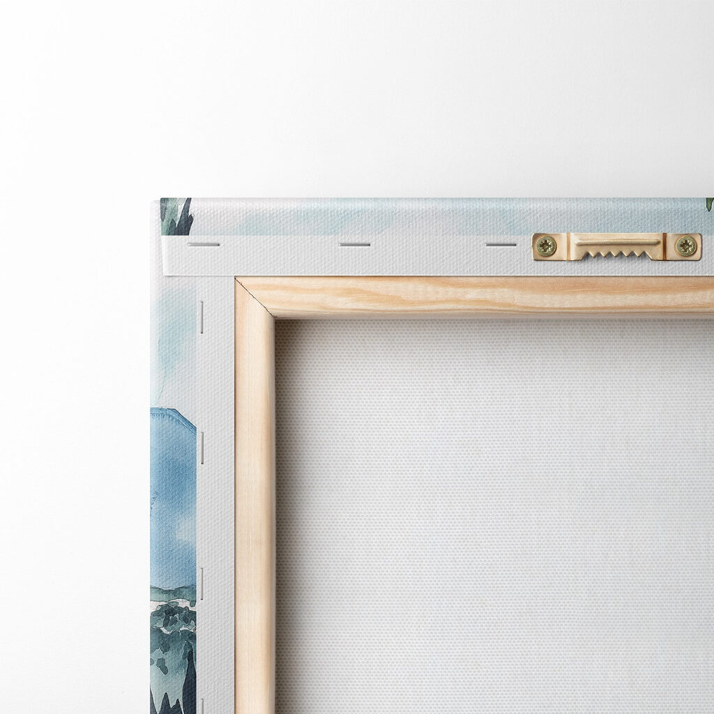 Watercolor painting of a table with food and a lake in the background Watercolor painting of a table with food and a lake in the background