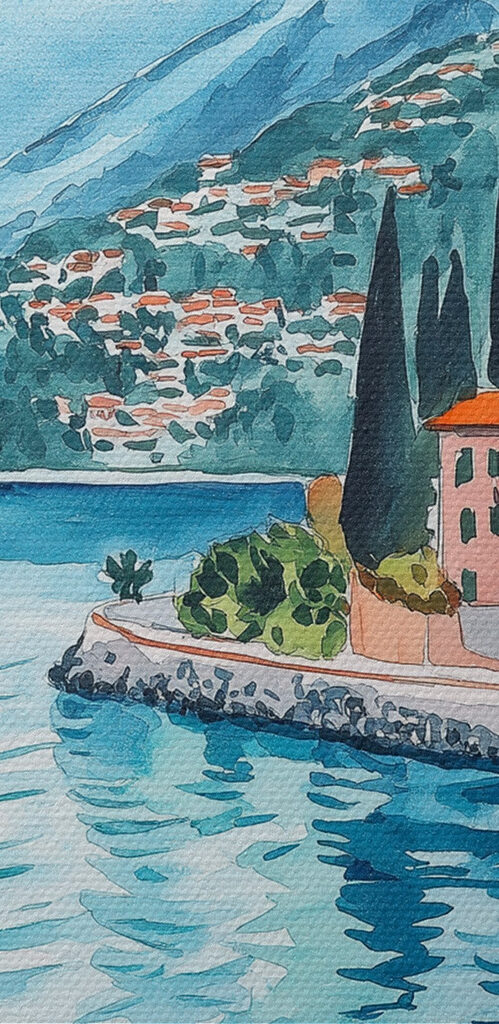 Watercolor painting of a table with food and a lake in the background Watercolor painting of a table with food and a lake in the background