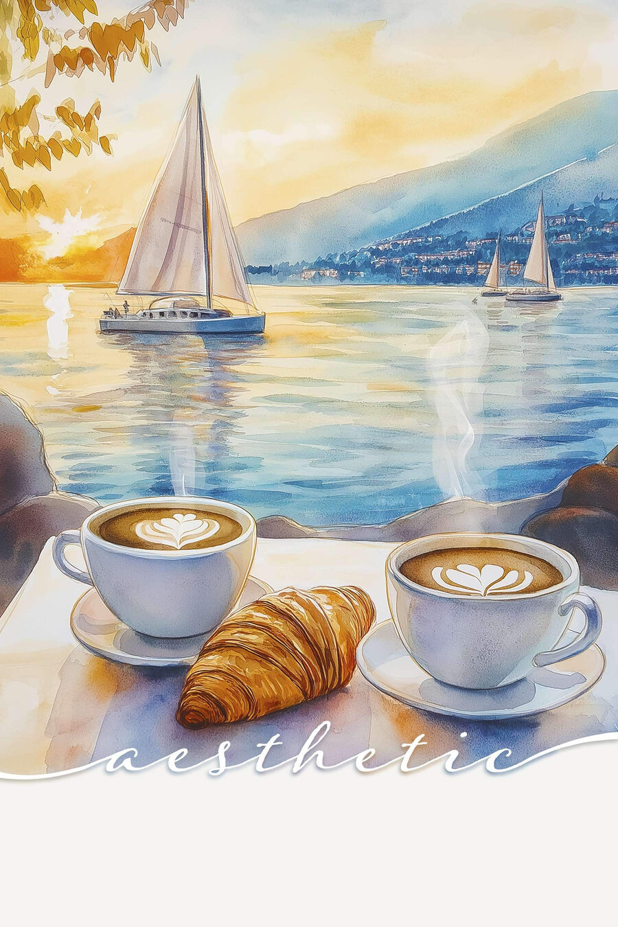 Két csésze kávé és croissant egy asztalon, háttérben egy vitorlással
