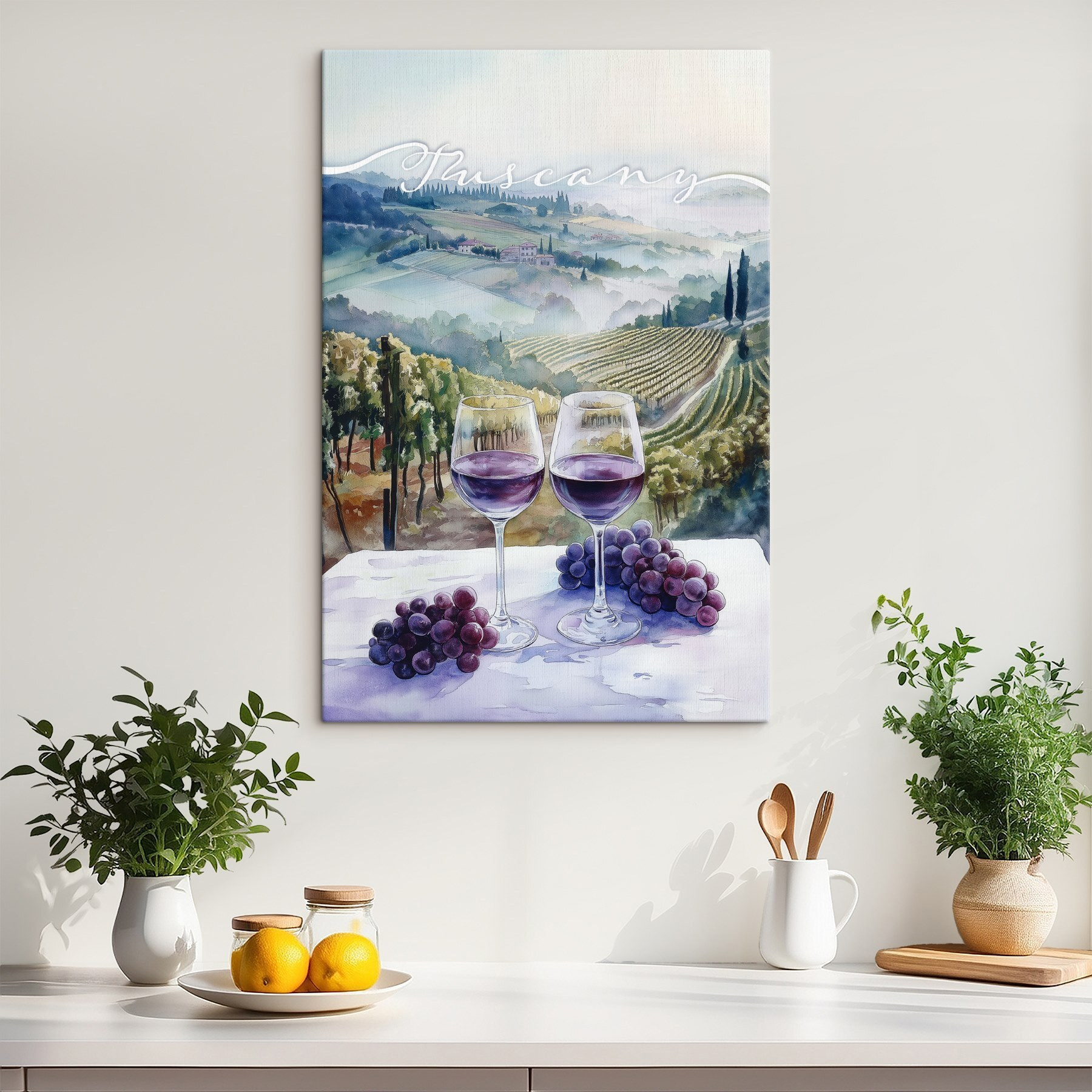 Watercolor painting of wine glasses and grapes on a table Watercolor painting of wine glasses and grapes on a table