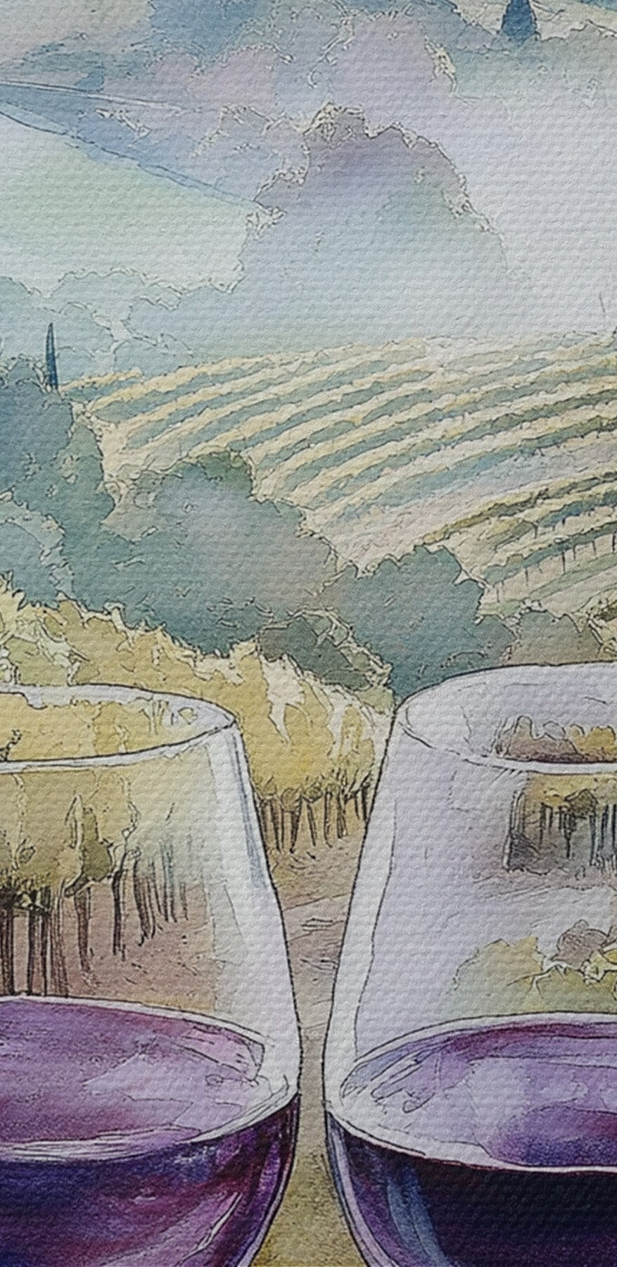 Akvarell festmény borospoharak és szőlő egy asztalon