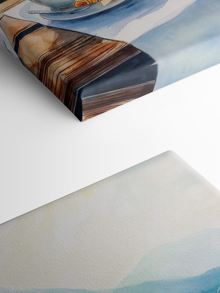 Watercolor painting of a table with coffee and croissants on it