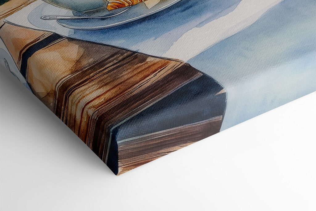 Watercolor painting of a table with coffee and croissants on it