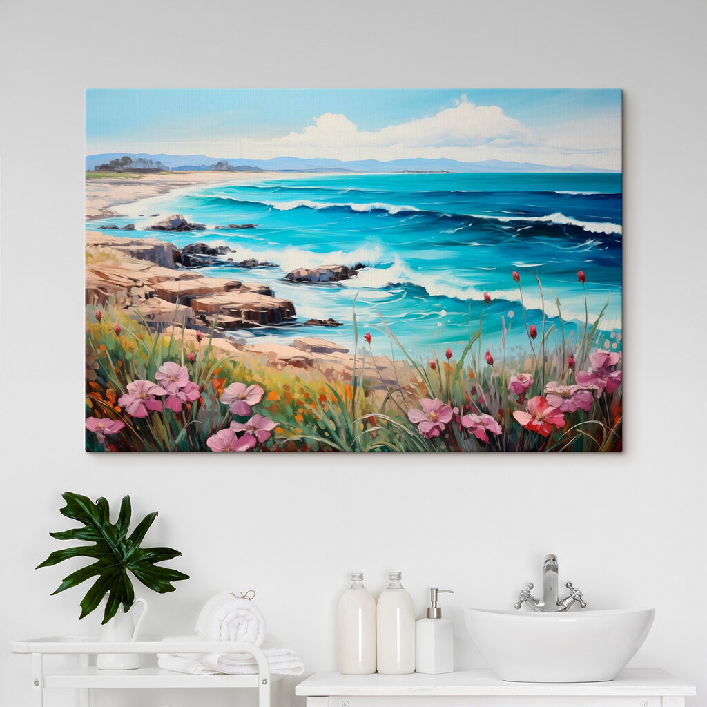 Painting of a beach with flowers and waves Painting of a beach with flowers and waves