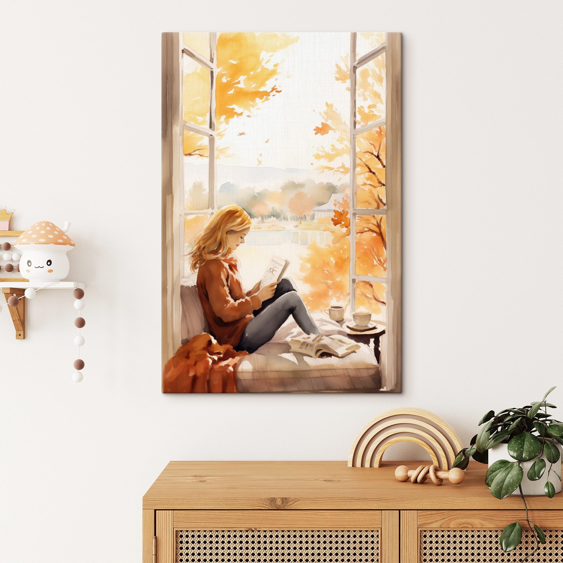 Woman sitting on a window sill reading a book