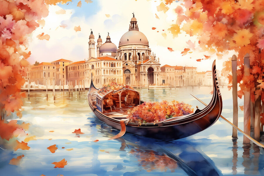 Gondola a vízen egy épülettel a háttérben
