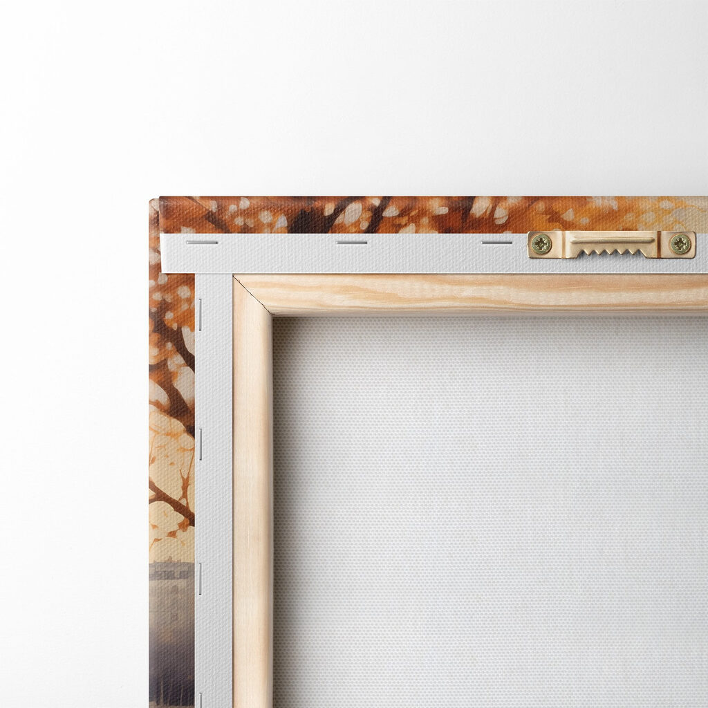 Bench and a river with trees and a tower in the background