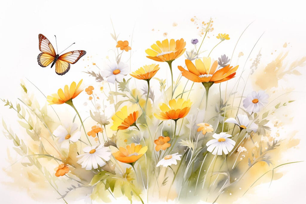 Butterfly flying over a yellow and white flowers