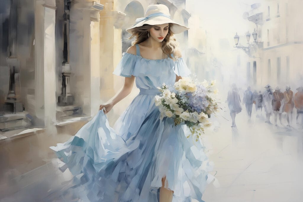 Woman in a blue dress holding flowers Woman in a blue dress holding flowers