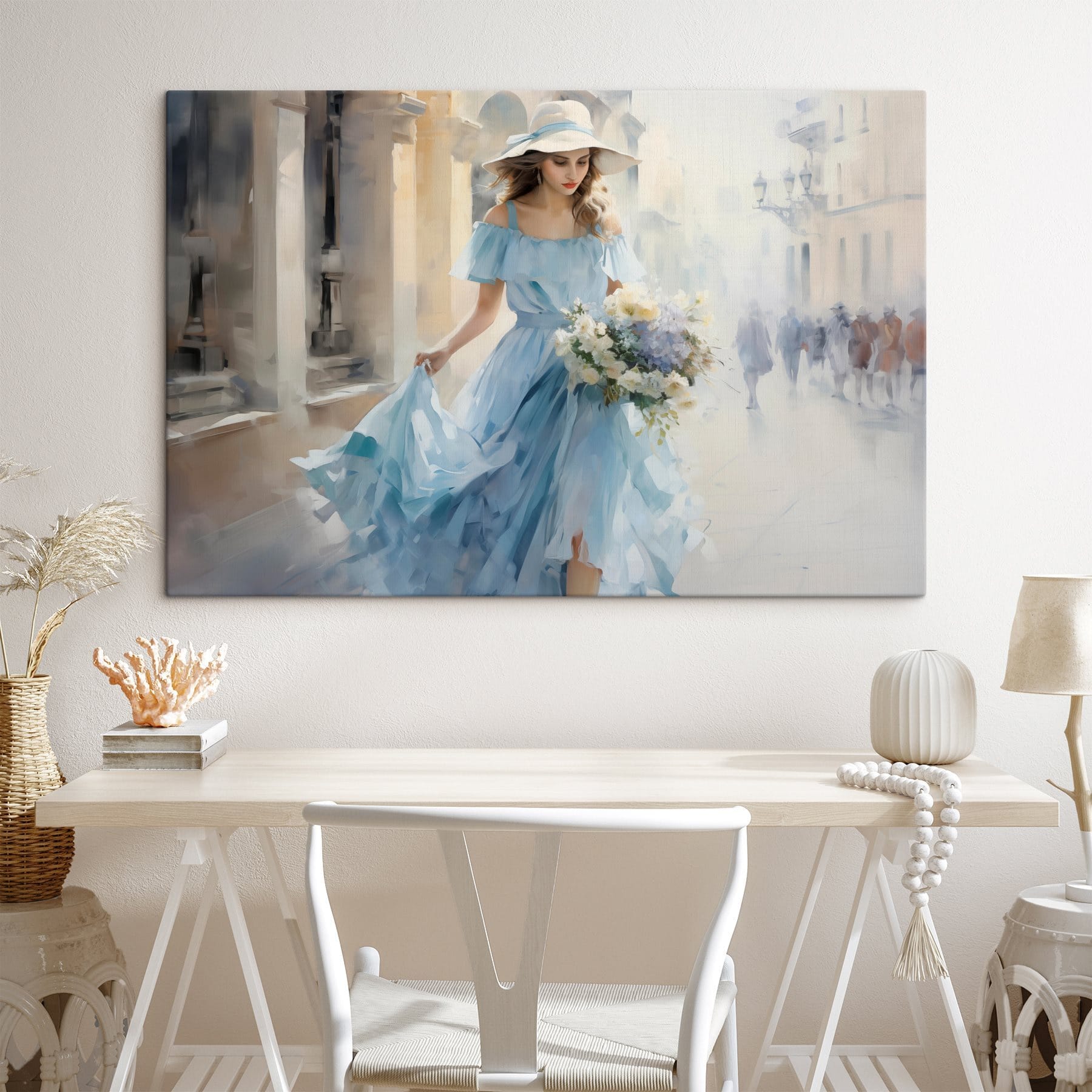 Woman in a blue dress holding flowers Woman in a blue dress holding flowers