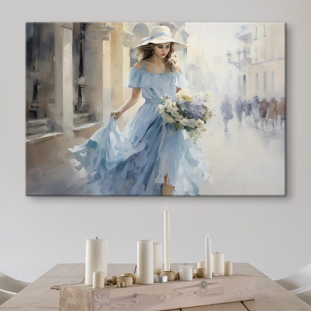 Woman in a blue dress holding flowers Woman in a blue dress holding flowers