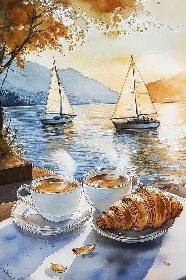 Akvarell két csésze kávé és egy croissant egy asztalon Akvarell két csésze kávé és egy croissant egy asztalon