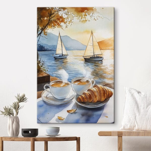 Akvarell két csésze kávé és egy croissant egy asztalon Akvarell két csésze kávé és egy croissant egy asztalon