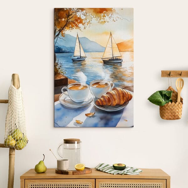 Akvarell két csésze kávé és egy croissant egy asztalon Akvarell két csésze kávé és egy croissant egy asztalon