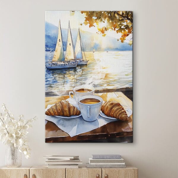 Akvarell festmény egy asztalról kávéval és croissantokkal Akvarell festmény egy asztalról kávéval és croissantokkal