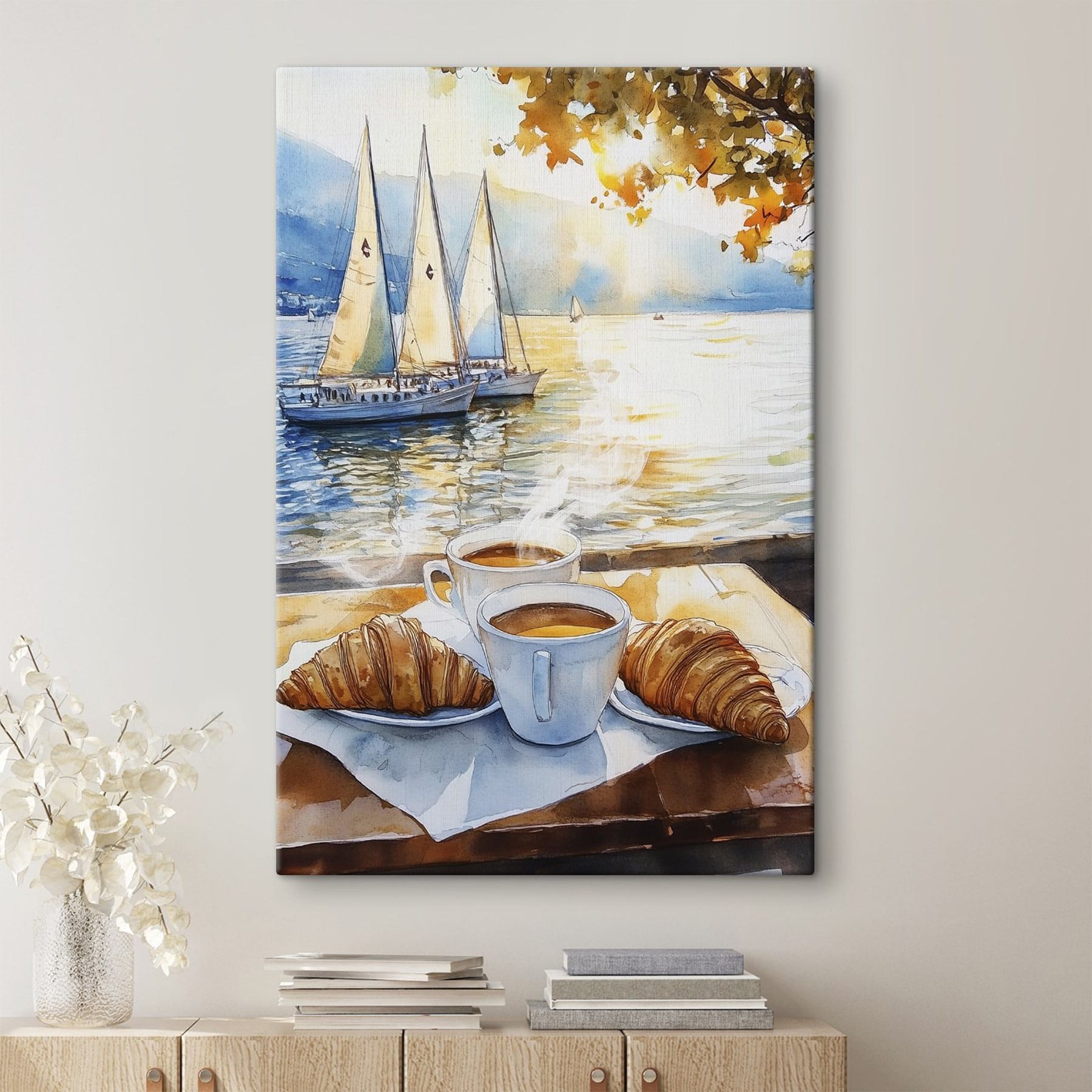 Watercolor painting of a table with coffee and croissants