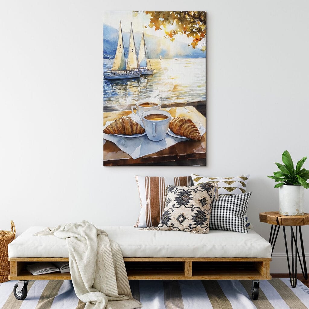 Watercolor painting of a table with coffee and croissants