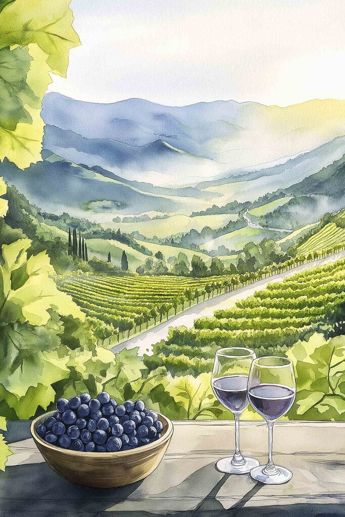 Painting of wine glasses and grapes on a table in front of a vineyard Painting of wine glasses and grapes on a table in front of a vineyard