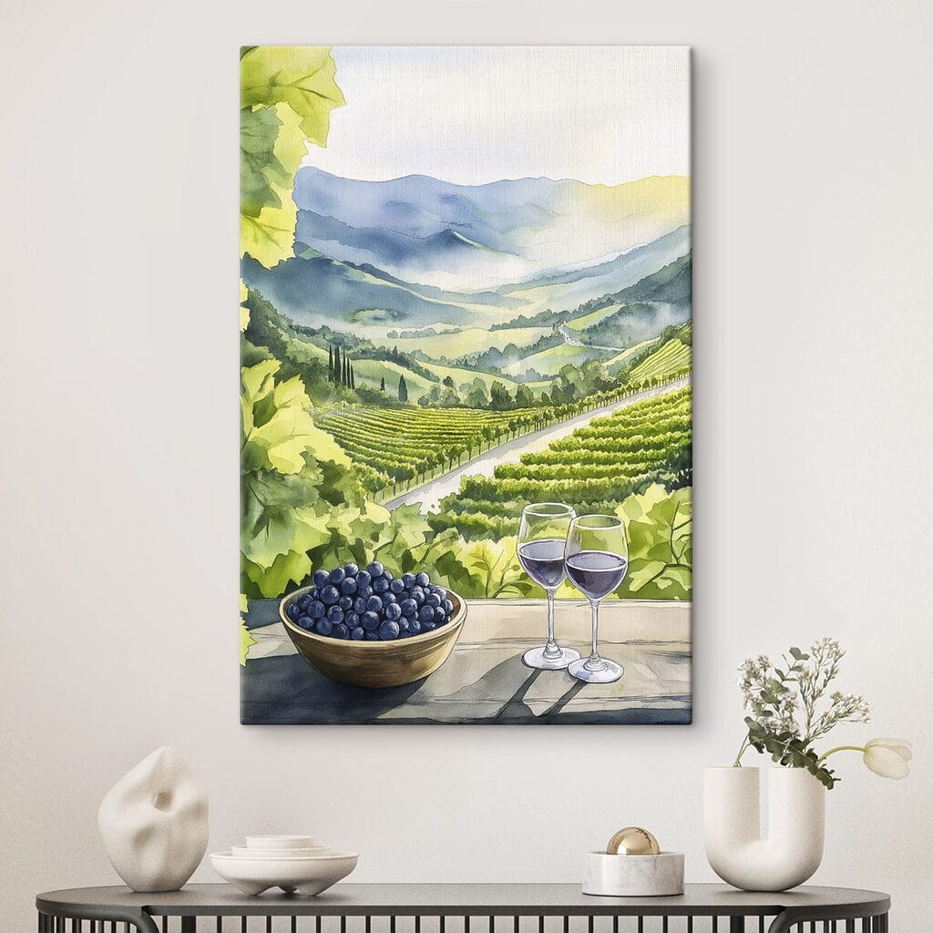Painting of wine glasses and grapes on a table in front of a vineyard Painting of wine glasses and grapes on a table in front of a vineyard
