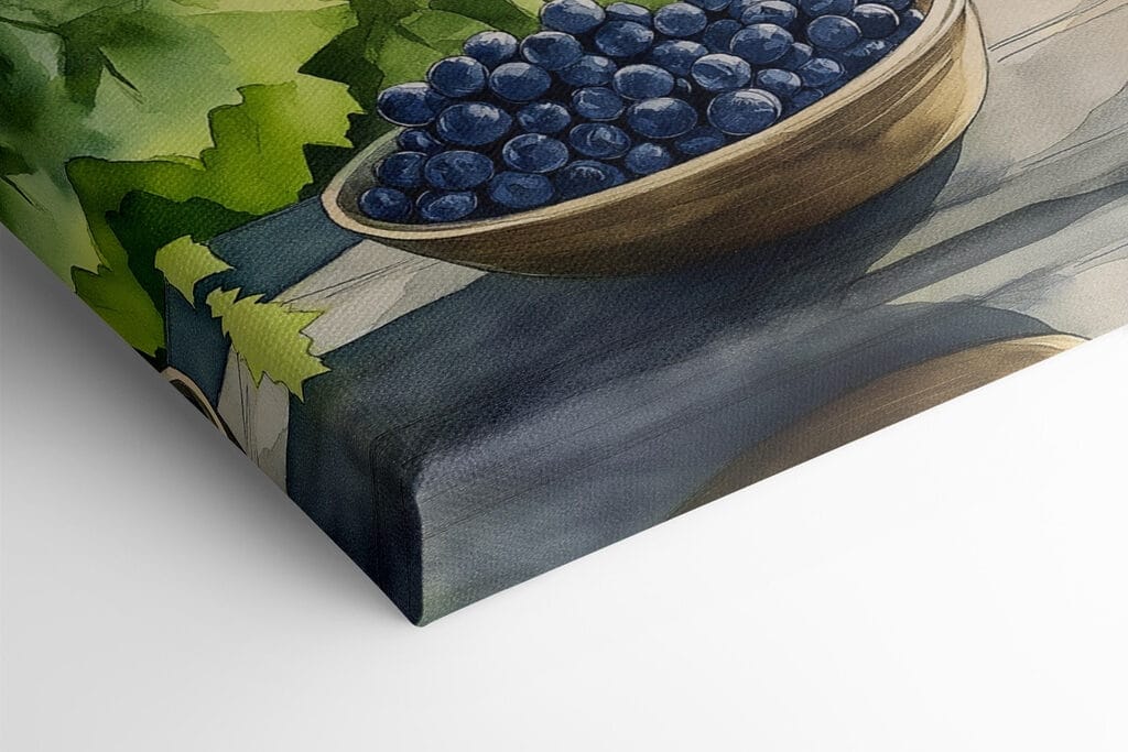 Painting of wine glasses and grapes on a table in front of a vineyard Painting of wine glasses and grapes on a table in front of a vineyard