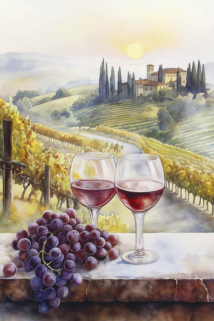 Watercolor painting of wine glasses and grapes Watercolor painting of wine glasses and grapes
