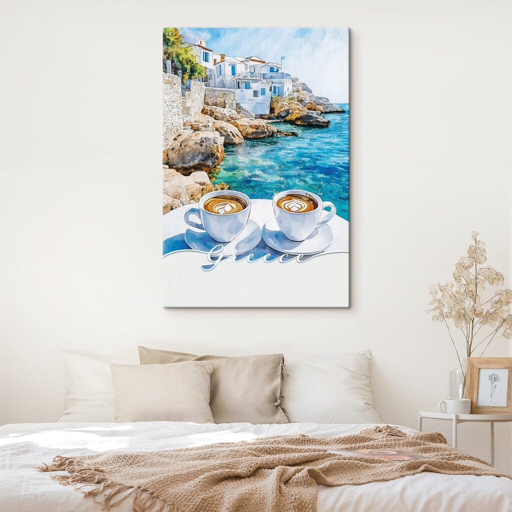 Two cups of coffee on a table by the water