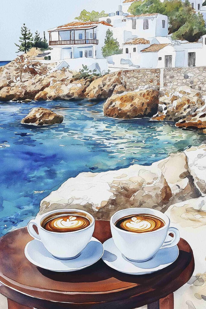 Two cups of coffee on a table next to a body of water Two cups of coffee on a table next to a body of water