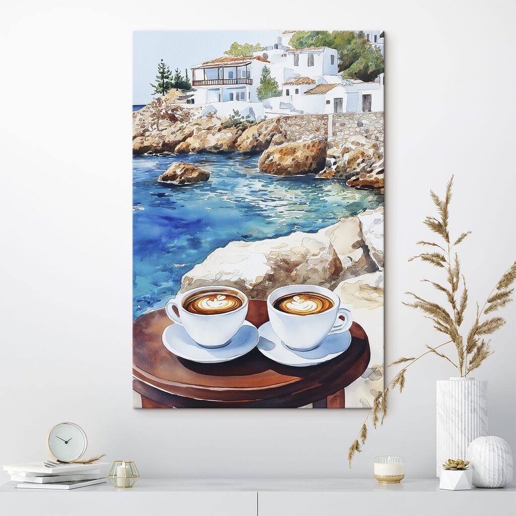 Two cups of coffee on a table next to a body of water Two cups of coffee on a table next to a body of water