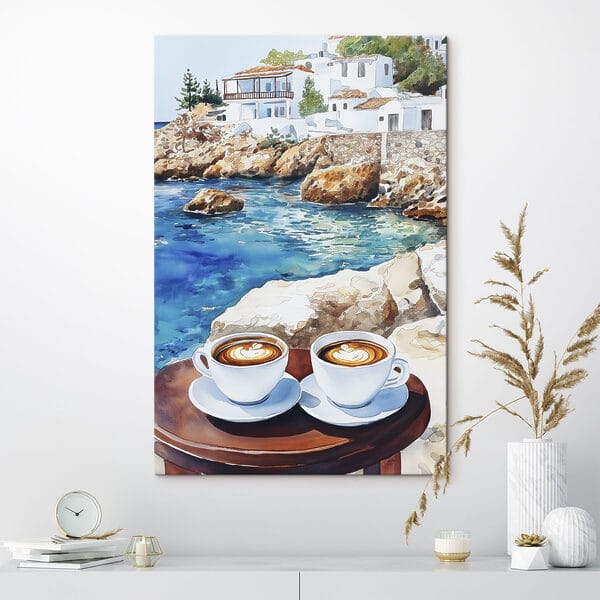 Two cups of coffee on a table next to a body of water Two cups of coffee on a table next to a body of water