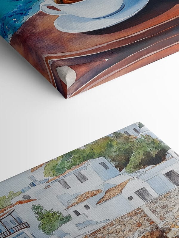 Two cups of coffee on a table next to a body of water Two cups of coffee on a table next to a body of water