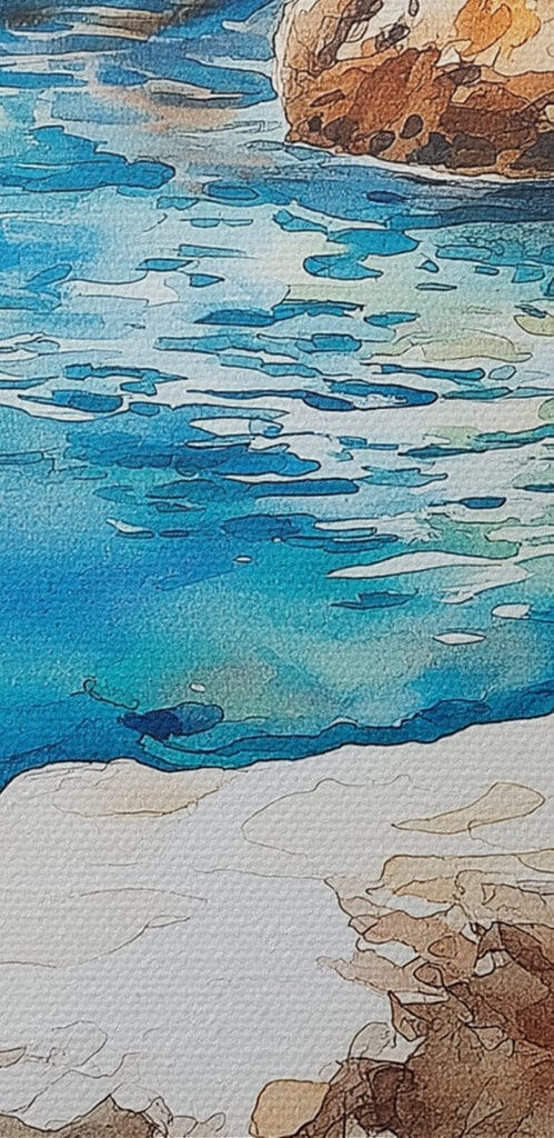 Two cups of coffee on a table next to a body of water Two cups of coffee on a table next to a body of water