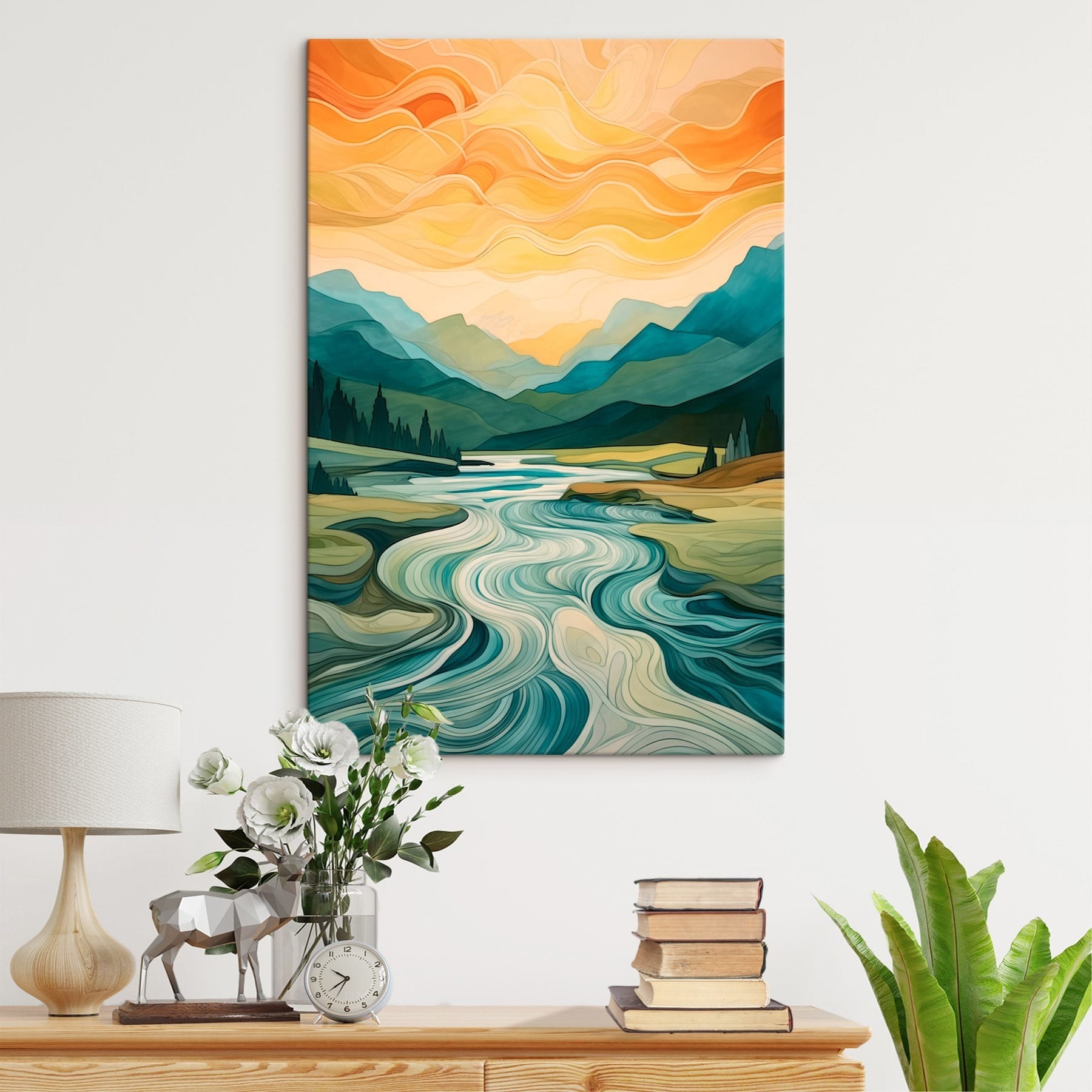 Painting of a river running through a valley
