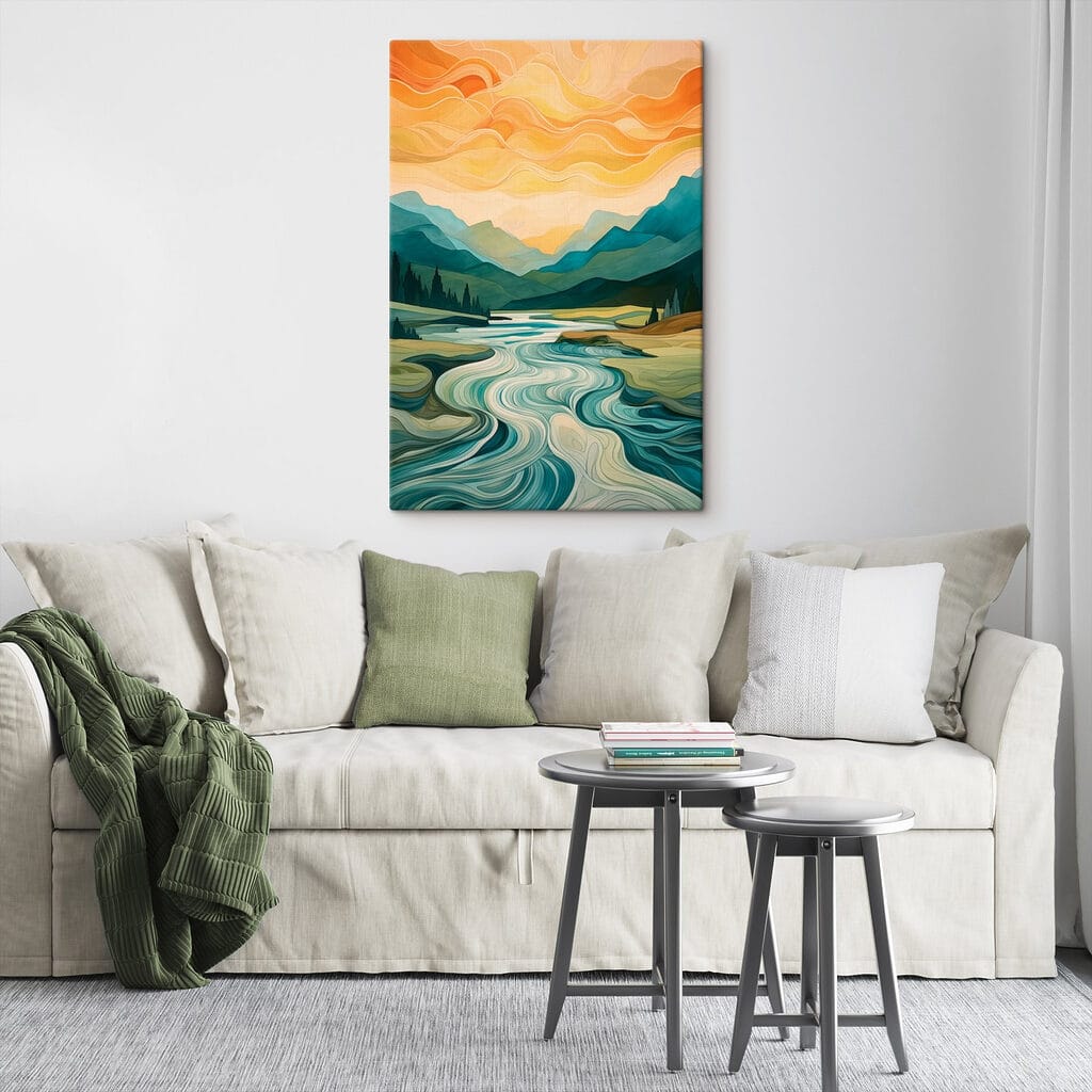 Painting of a river running through a valley