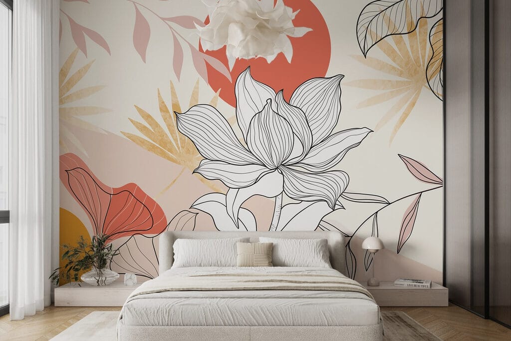 Flower and leaves with red sun